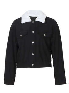 Women's black corduroy jacket with faux fur collar and puff sleeves, casual cropped top