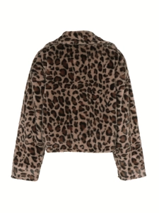 Back view of a casual loose leopard print faux fur jacket with warm plush texture