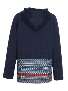 Navy blue hooded quilted jacket with floral ethnic patchwork pattern on the back