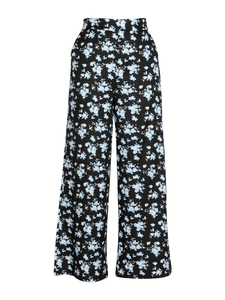 Pantalon large taille haute pour femme avec imprimé floral noir et bleu fluide