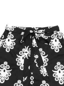 Women's black and white mandala print casual shorts with adjustable drawstring waist