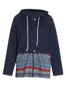 Women's navy quilted hoodie jacket with floral patchwork and ethnic geometric hem