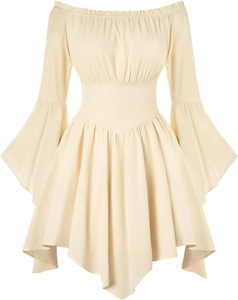 Détail d'une robe crème à épaules dénudées avec encolure élastique et manches cloche larges