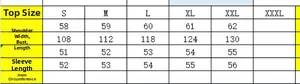 Size chart with measurements for denim jacket including bust and shoulder width