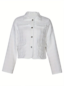 Women's white long sleeve quilted jacket with lapel collar and silver metal buttons