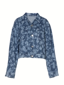 Short denim jacket for women featuring blue floral print and classic button closure