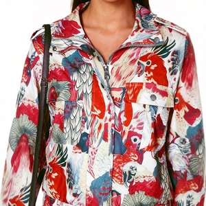 Detailed macro shot of the vibrant parrot print and metallic zipper on casual jacket