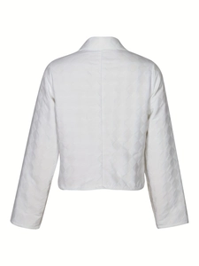 White short quilted jacket with herringbone pattern and lapel collar, rear view display
