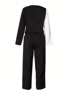 Minimalist two-piece set featuring black and white contrast long sleeve top and pants