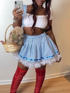 Dorothy style blue gingham checkered cosplay costume set with lace trim and pleated skirt