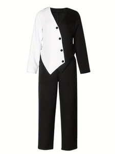 Women's 2-piece set with black and white color block V-neck top and straight pants