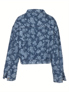 Detailed back view of a blue floral print denim jacket with rose patterns and stitching