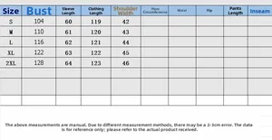 Size chart table for long sleeve double breasted slim fit coat showing S to 2XL measurements