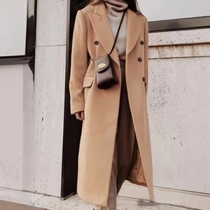 Classic double-breasted camel wool coat with lapel collar and pockets for women