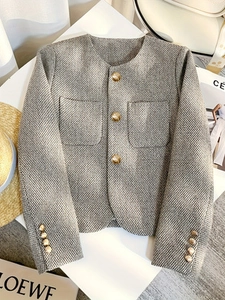 Giacca da Donna Elegante in Tweed Girocollo Manica Lunga Capispalla Chic Con Bottoni a Rilievo Dorati E Tasche Simmetriche Stile Francese