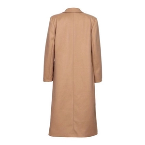 Back view of classic camel wool coat showing longline cut and central seam detail
