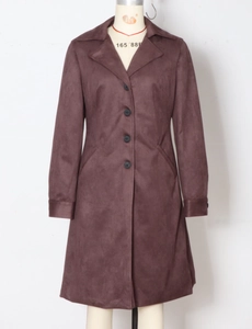 Detail view of a long dark brown suede coat featuring a lapel collar and single-breasted buttons