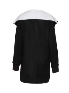 Women's black faux fur coat featuring a large white sailor collar and oversized fit