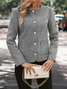 Elegante graue Tweedjacke für Damen mit Perlenknöpfen und klassischem Rundhals