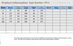 Detailed size chart for long faux suede coat showing bust, sleeve, and length dimensions