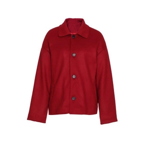 Close-up of wine red wool jacket featuring a lapel collar and dark single-breasted buttons
