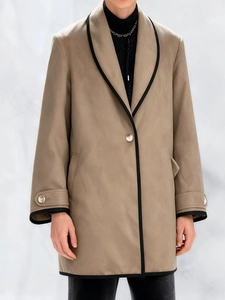 Men's khaki long wool coat with contrast shawl collar and casual button detail