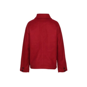 Rear view of red cropped wool jacket featuring lapel collar and buttoned cuffs details