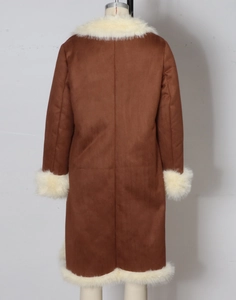 Back view of brown faux suede long coat with white faux fur lining and plush trim details