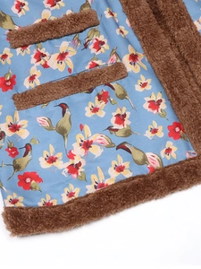 Floral print knit cardigan with plush brown faux fur trim and front pockets detail