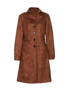 Elegant caramel suede long coat for women featuring a classic collar and slim fit design