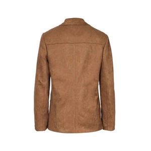 Detailed back view of casual brown faux suede jacket showing structural stitching lines