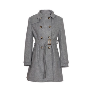 Detailed front view of grey double-breasted wool coat with waist belt and amber buttons