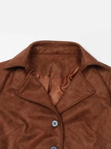 Elegant brown faux suede long trench coat for women featuring a lapel collar and satin lining