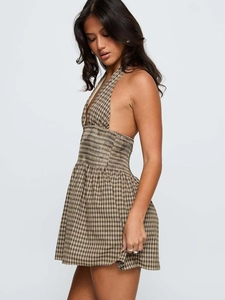 Abito corto scozzese da donna con scollo all'americana e vita arricciata marrone e nero