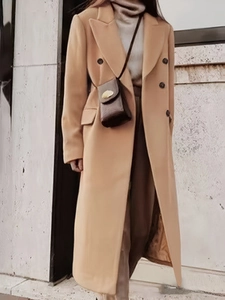 Women Elegant Mid-Length Woolen Coat Double-Breasted Lapel Long Sleeve Slim Fit Overcoat Solid Color Camel Fall Winter Jacket