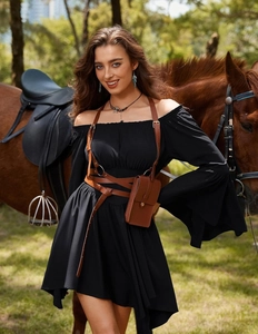 Détail de la robe noire à épaules dénudées avec harnais en cuir PU brun et pochette latérale