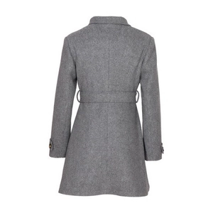 Back view of a grey wool coat featuring slim A-line cut and matching waist belt