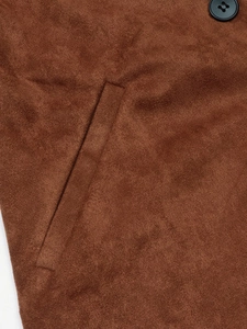 Deep brown faux suede long trench coat with pocket detail and black button for women