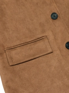 Women's casual loose caramel faux suede blazer jacket with black buttons and pockets