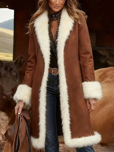 Women Long Faux Suede Coat With Faux Fur Trim Thick Warm Winter Overcoat Vintage Bohemian Open Front Long Sleeve Jacket