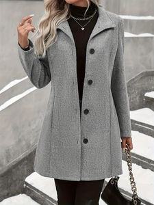 Cappotto Lungo di Lana Casual da Donna Autunno Inverno Moda Revers Monopetto Caldo Giacca Media Lunghezza per Donna