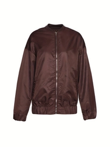 Women's chocolate brown bomber jacket with satin finish and silver zipper front closure