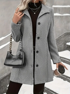 Elegante cappotto lungo in lana grigia da donna con collo a rever e chiusura monopetto