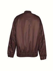 Loose fit dark brown bomber jacket with ribbed cuffs and hem on white background