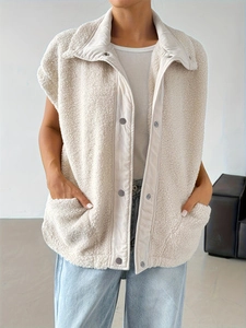 Women Casual Sherpa Fleece Vest Warm Lapel Sleeveless Waistcoat Single Breasted Thick Cardigan Coat Outwear With Pockets