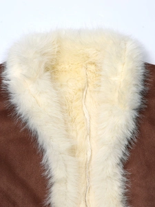 Brown faux suede winter coat with a thick cream-colored faux fox fur collar detail