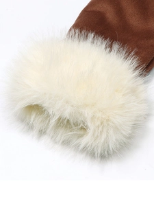 Thick warm winter coat featuring brown suede fabric and white faux fur sleeve cuffs