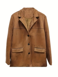 Women's brown faux suede blazer jacket with notched lapel and three-button closure