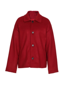 Women's loose red wool jacket with lapel collar and single-breasted button closure
