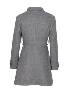Women's double-breasted grey wool coat back view with waist strap and slim fit